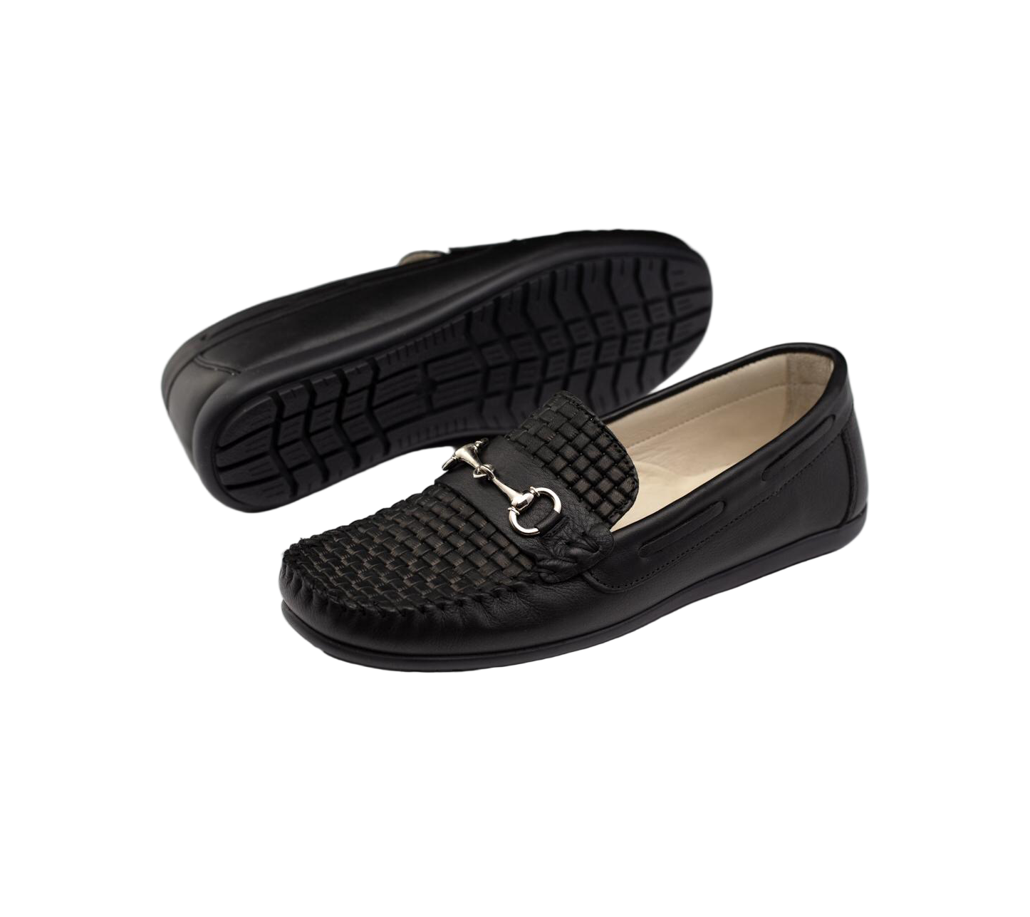 Romeo Kids Black Woven Leather Loafers With Metal Detail Woopy