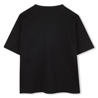 Black Organic Cotton Short Sleeve T-Shirt with Split Logo and All-Over Print Background Hugo