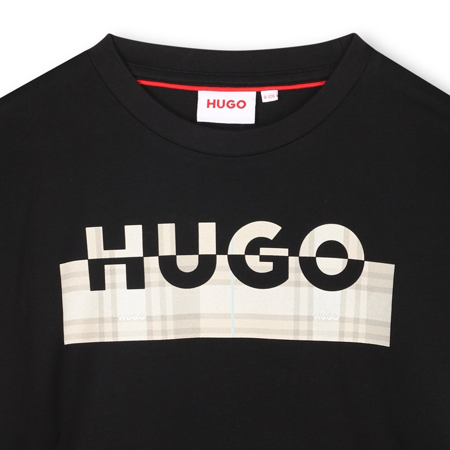 Black Organic Cotton Short Sleeve T-Shirt with Split Logo and All-Over Print Background Hugo