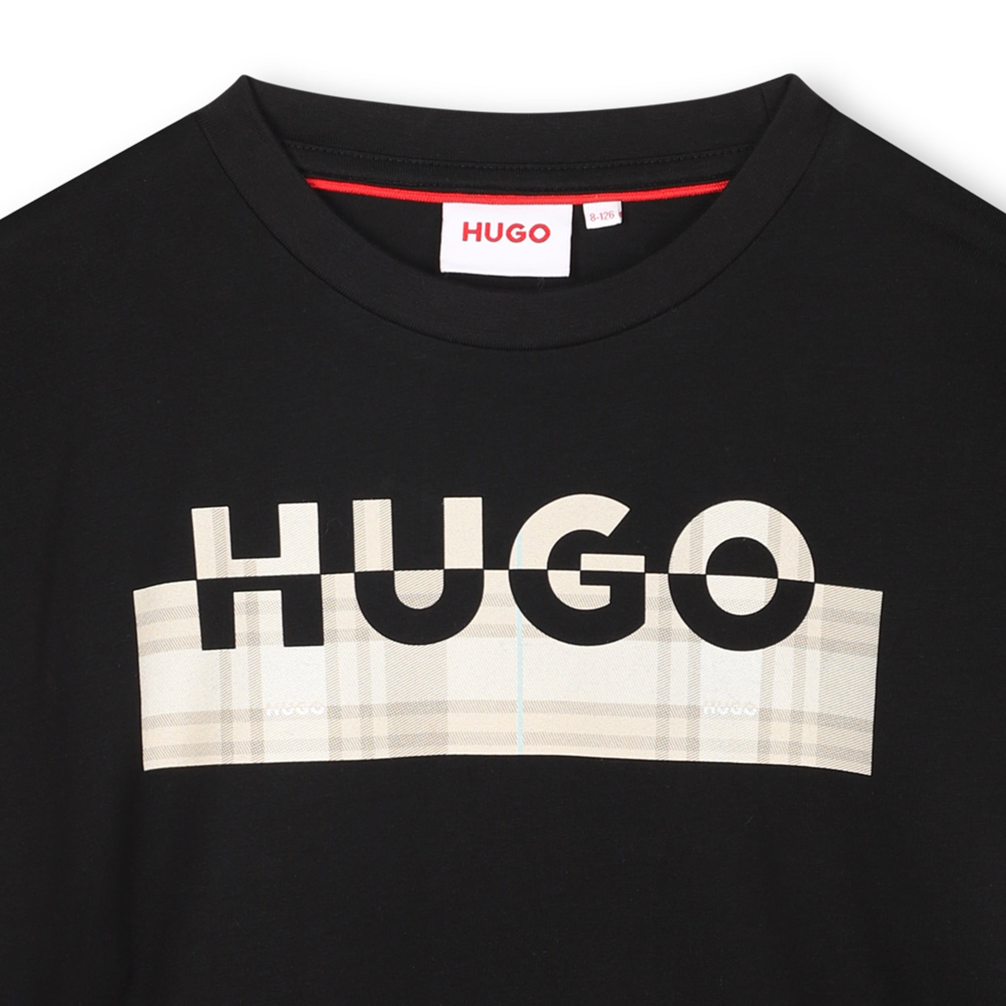 Black Organic Cotton Short Sleeve T-Shirt with Split Logo and All-Over Print Background Hugo