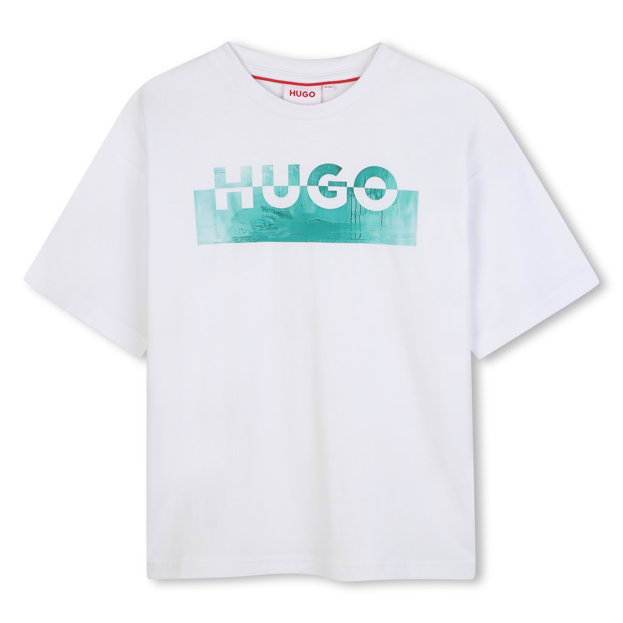 Black Organic Cotton Short Sleeve T-Shirt with Split Logo and All-Over Print Background Hugo