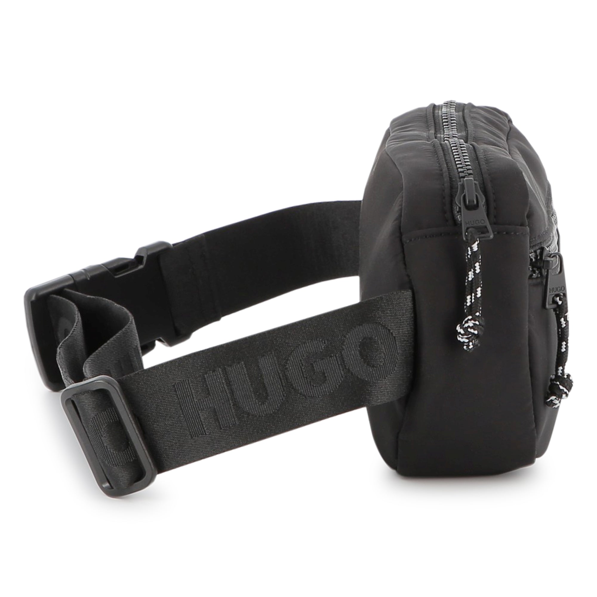 Black Matte Waist Bag with Branded Print and Adjustable Jacquard Strap Hugo