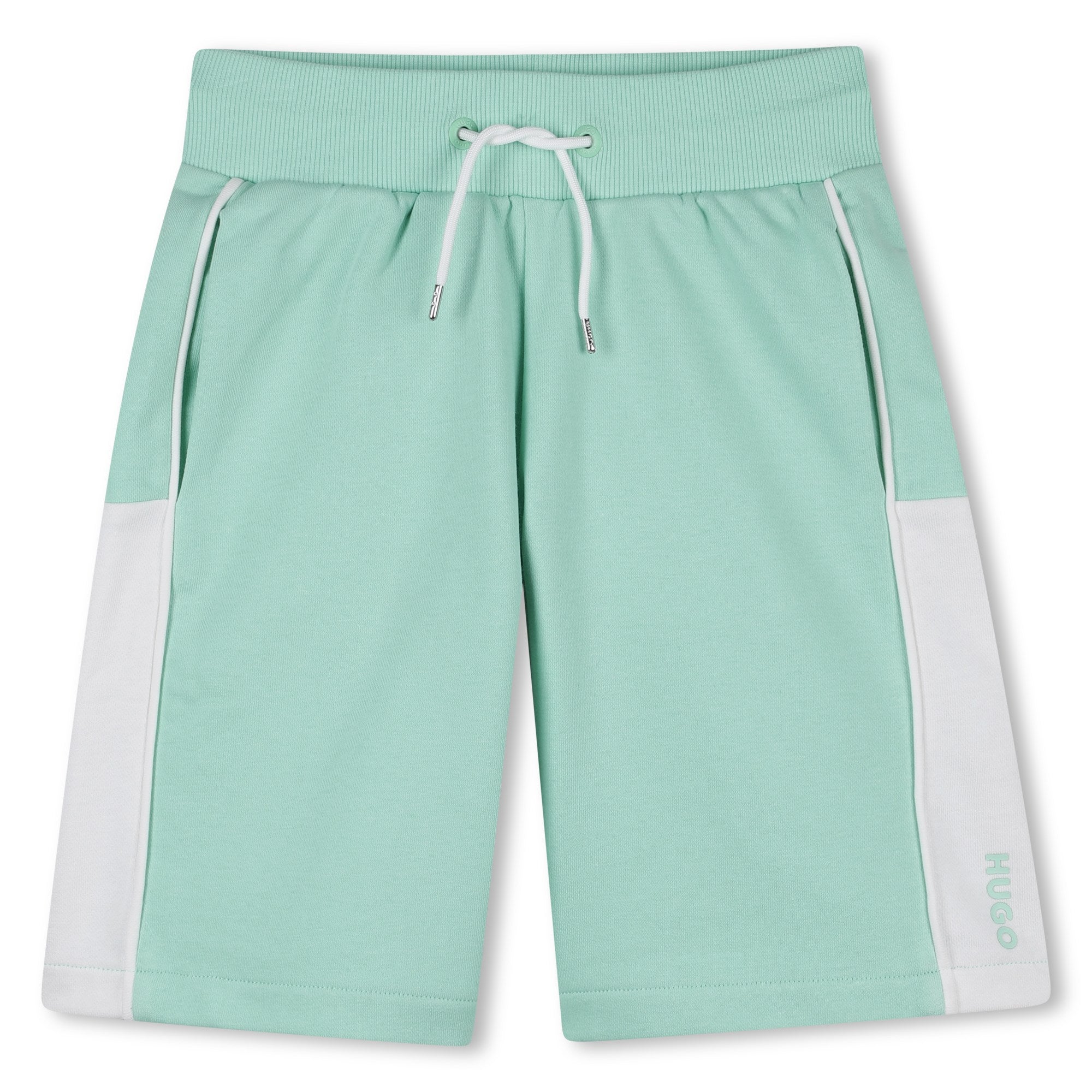 Cotton Blend Fleece Jogger Shorts With Colour Block Panels, Mint Green Hugo