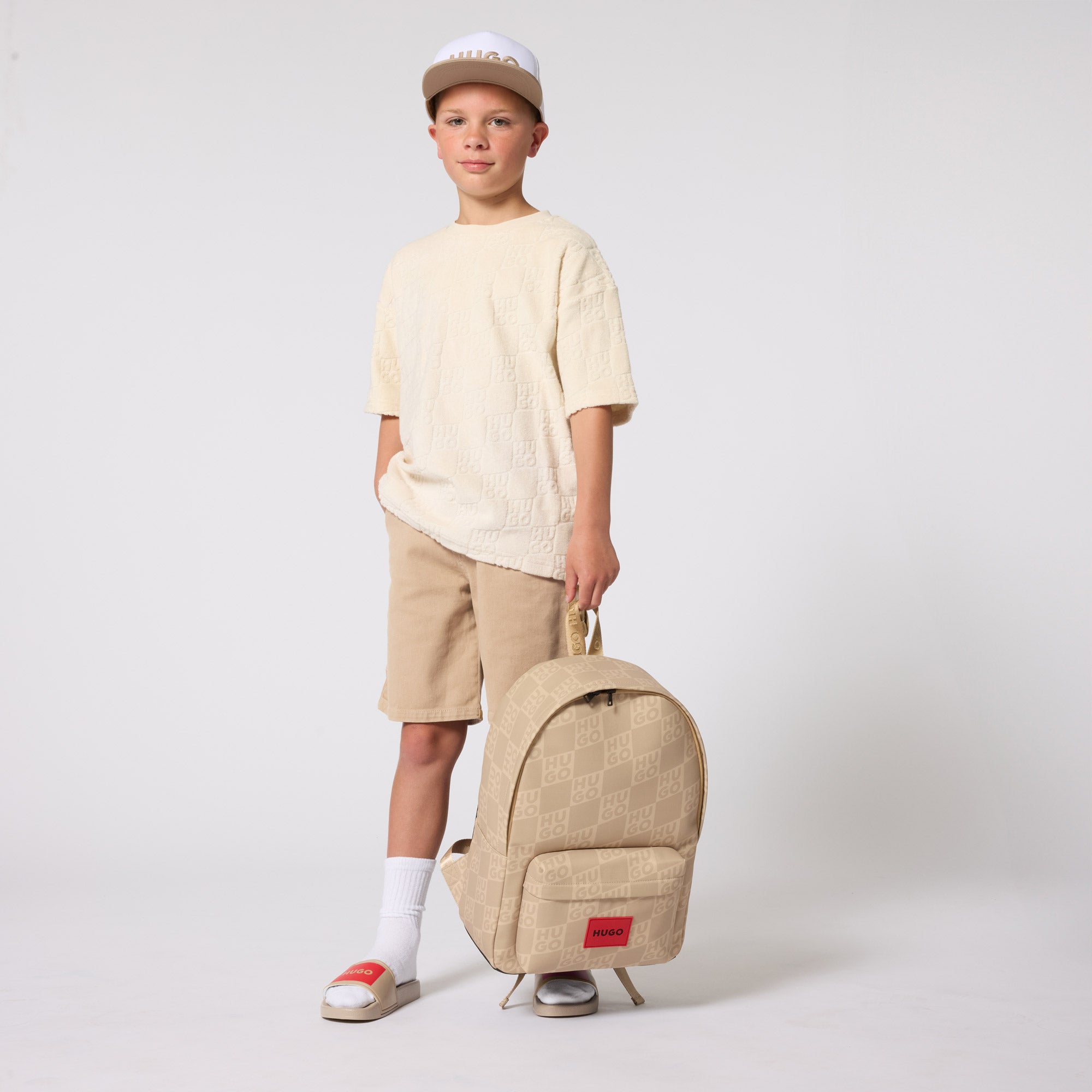 Cotton Jacquard Terry Monogram T Shirt With Loose Fit, Cream Hugo
