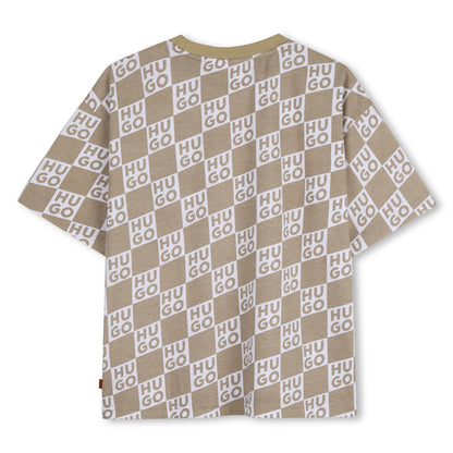 Organic Cotton Jersey T Shirt With All Over Monogram, Beige Hugo