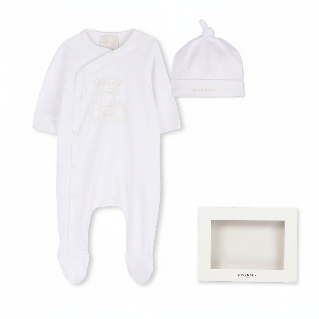 Baby Sleepsuit Hat And Soft Toy Gift Set In Cotton Interlock, White Givenchy