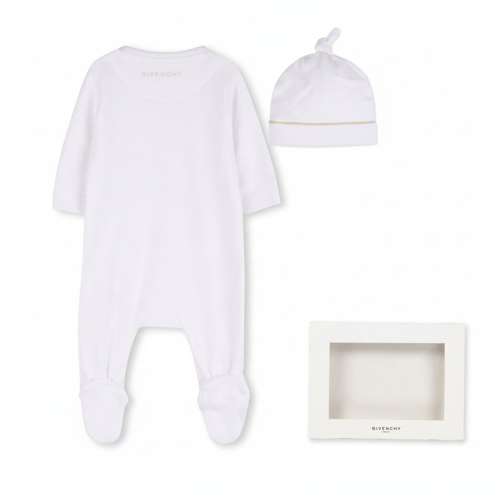 Baby Sleepsuit Hat And Soft Toy Gift Set In Cotton Interlock, White Givenchy