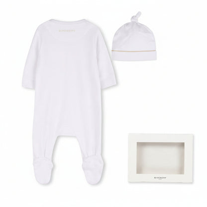 Baby Sleepsuit Hat And Soft Toy Gift Set In Cotton Interlock, White Givenchy