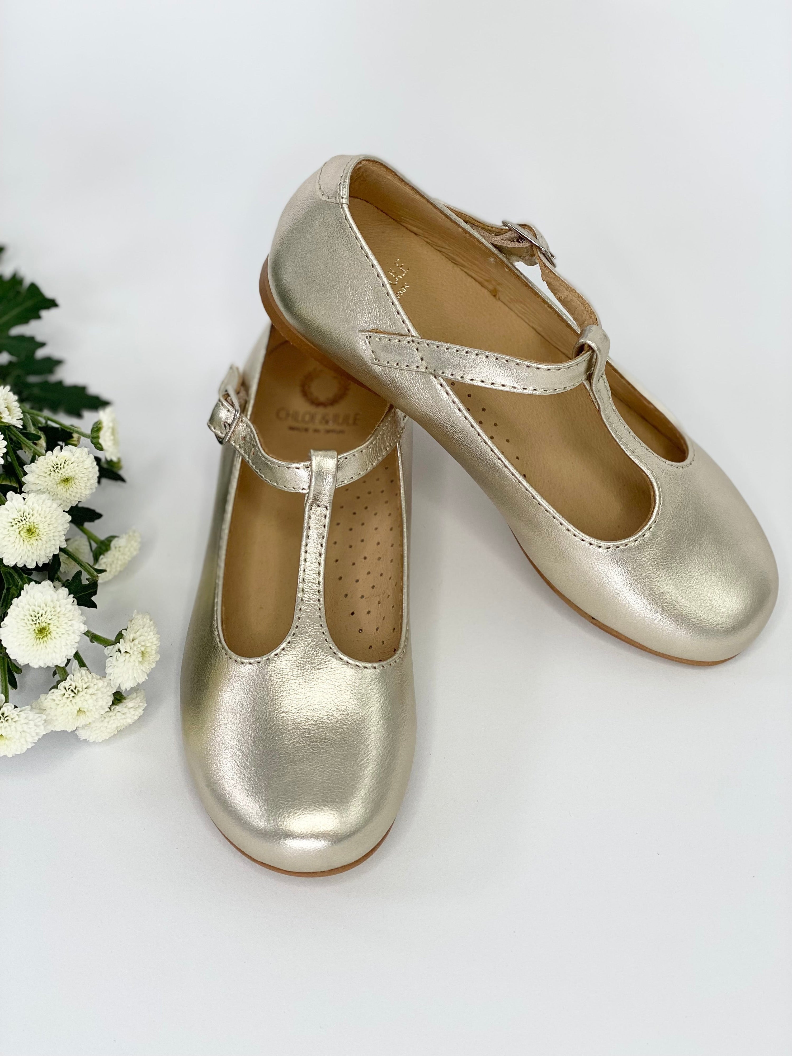 Champagne Gold T-Bar Mary Janes Chloe &amp; Jule