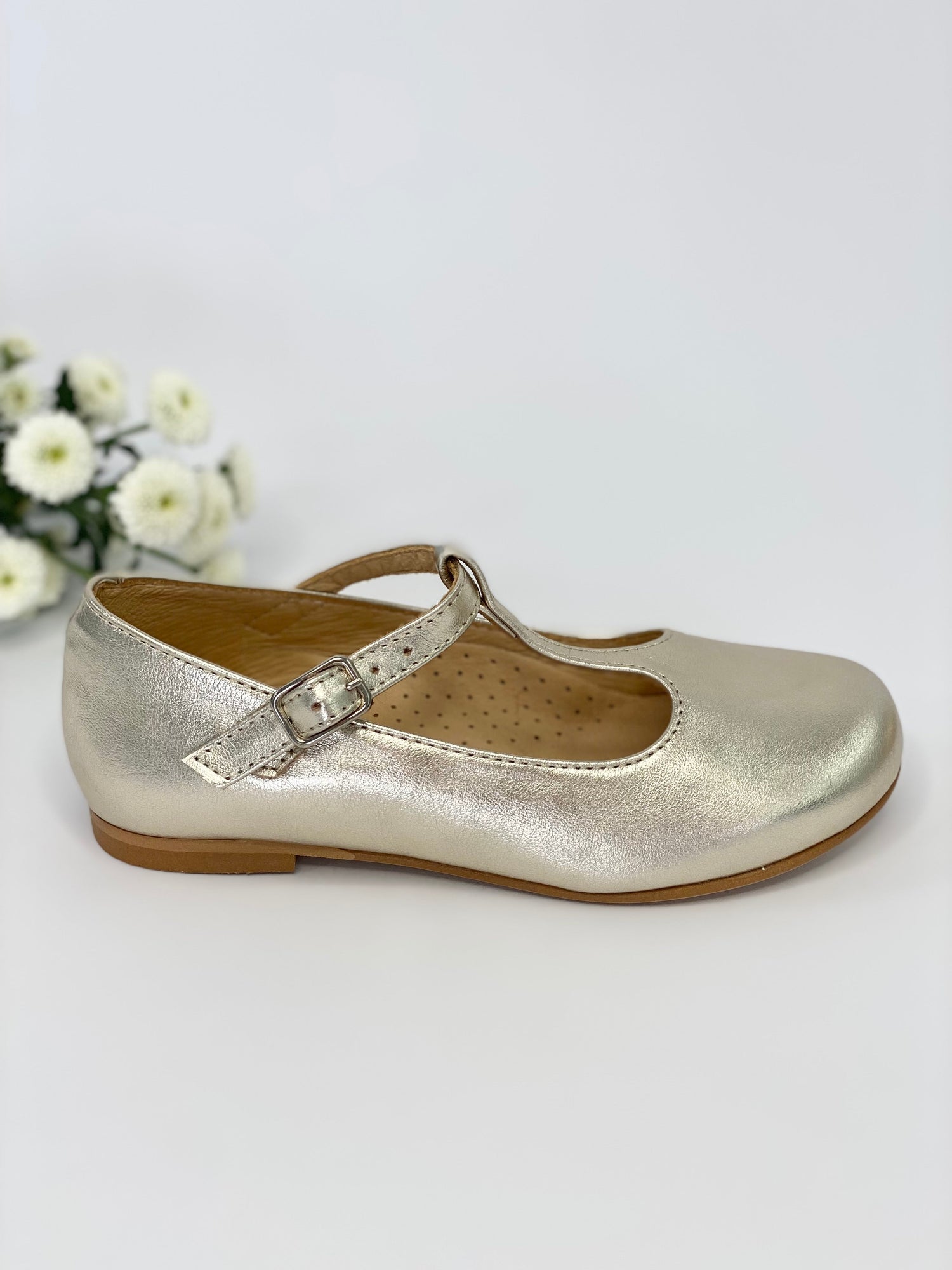 Champagne Gold T-Bar Mary Janes Chloe &amp; Jule