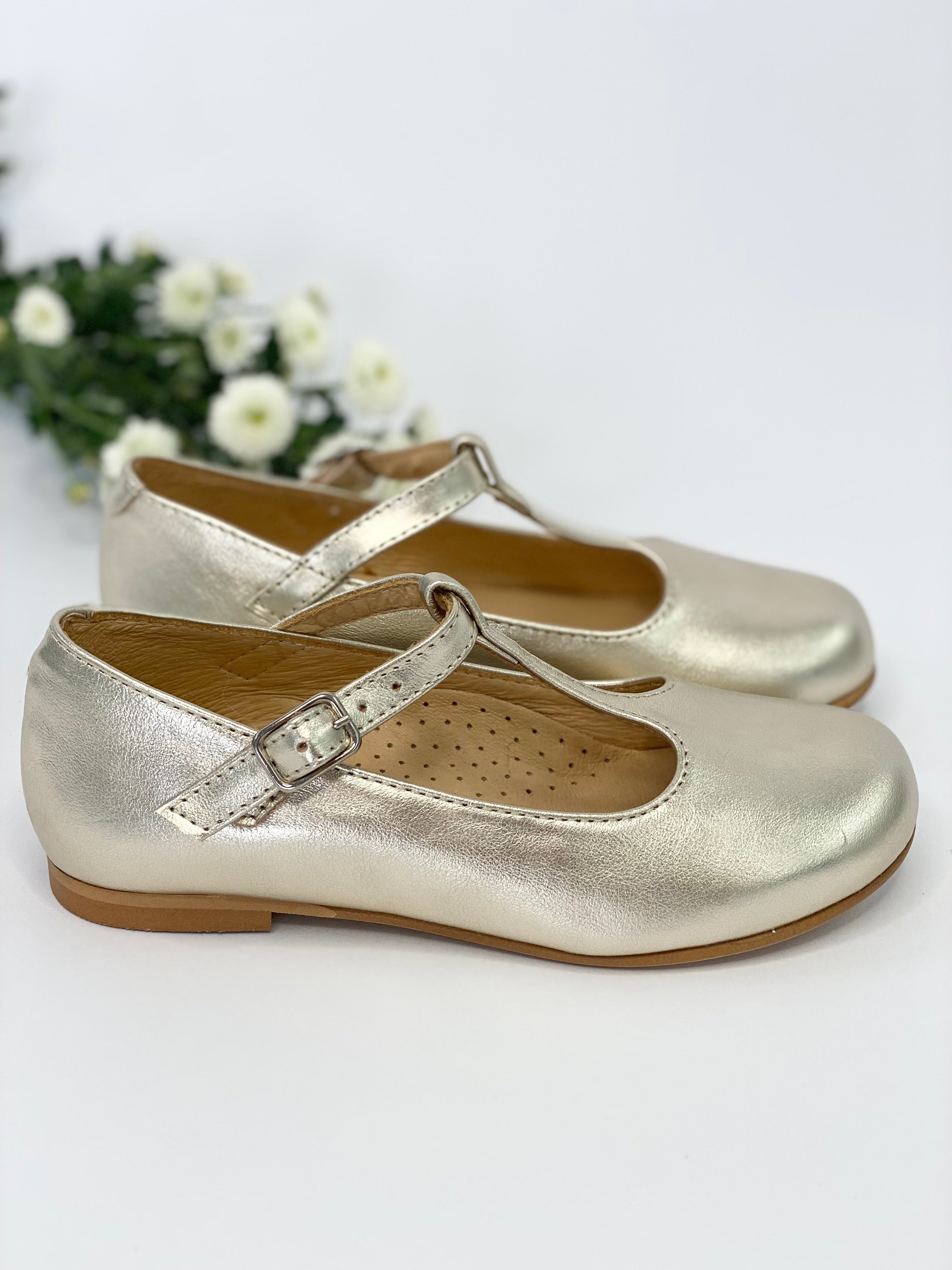 Champagne Gold T-Bar Mary Janes Chloe &amp; Jule
