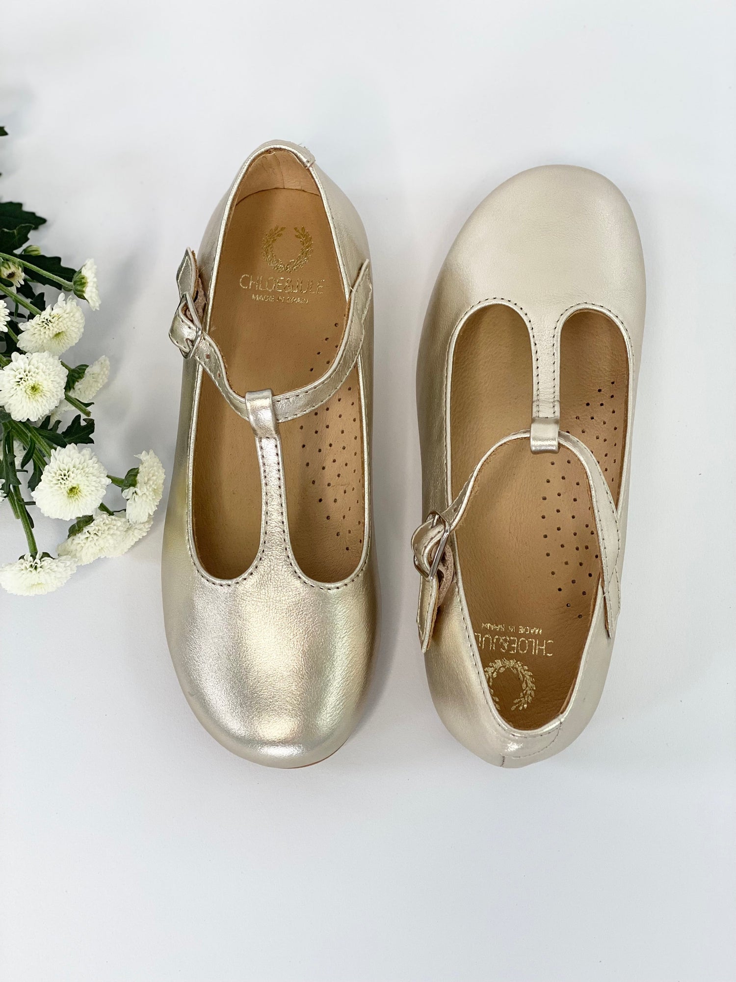 Champagne Gold T-Bar Mary Janes Chloe &amp; Jule