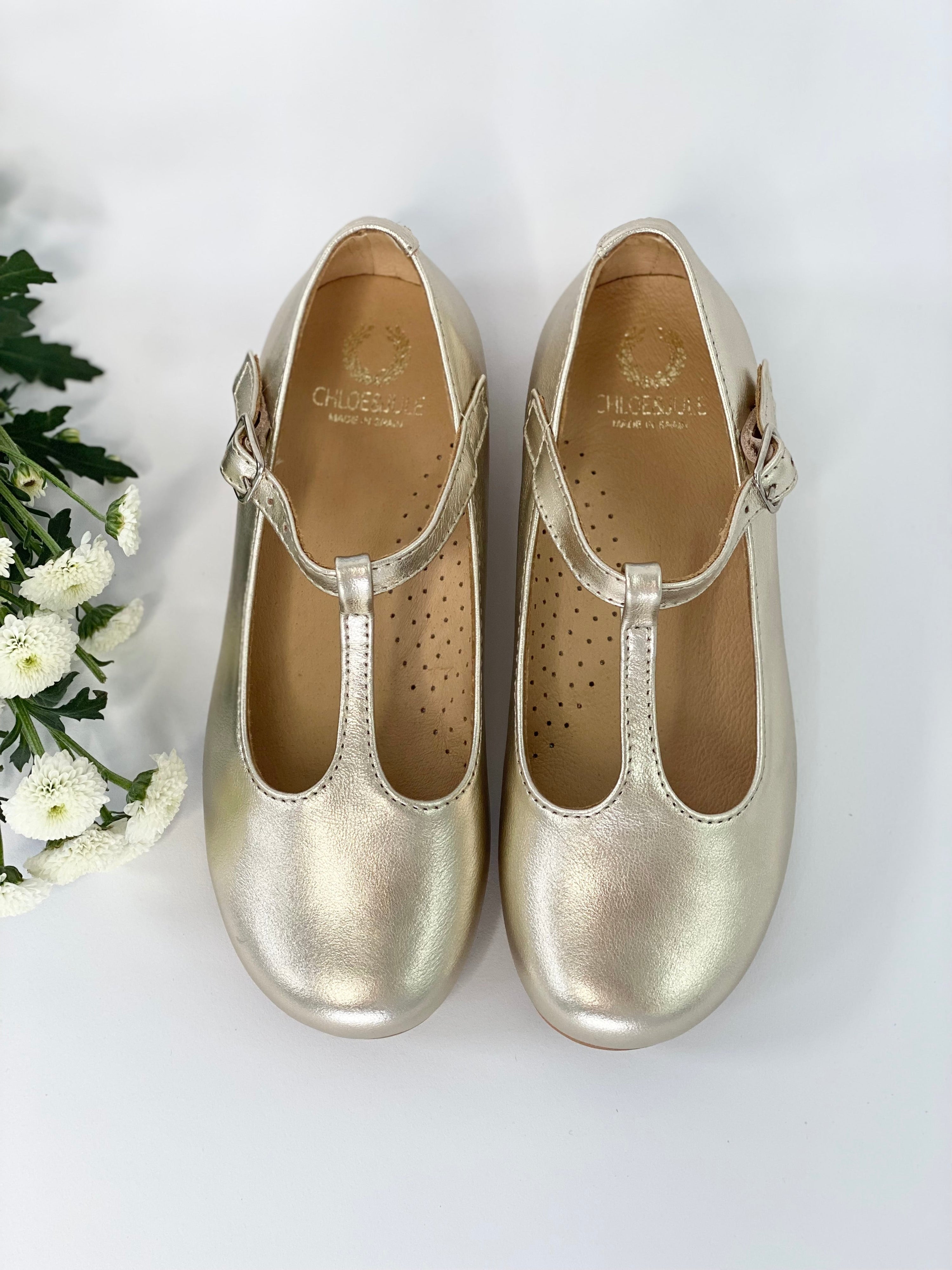 Champagne Gold T-Bar Mary Janes Chloe &amp; Jule