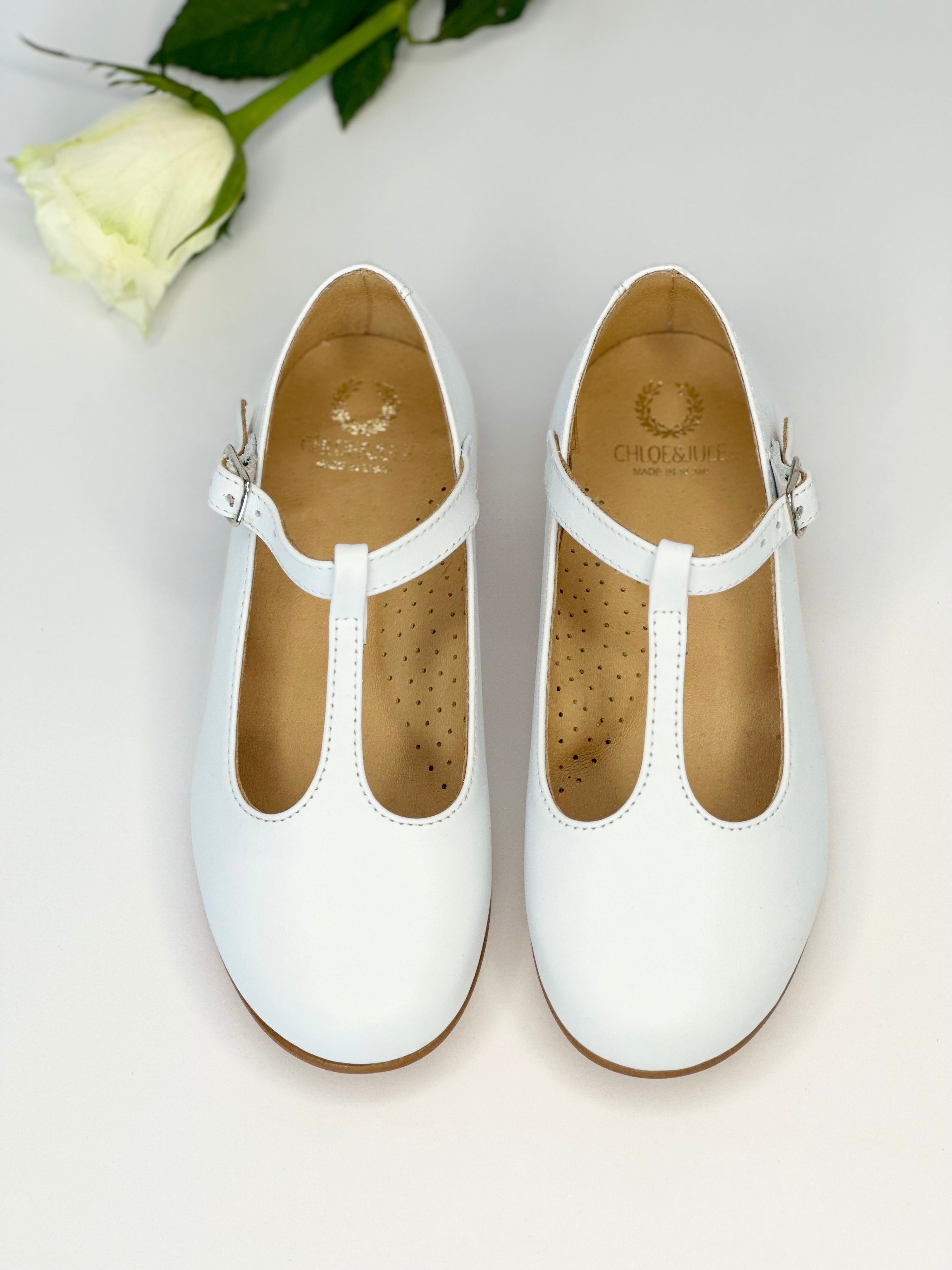 White Leather T-Bar Mary Jane Chloe &amp; Jule