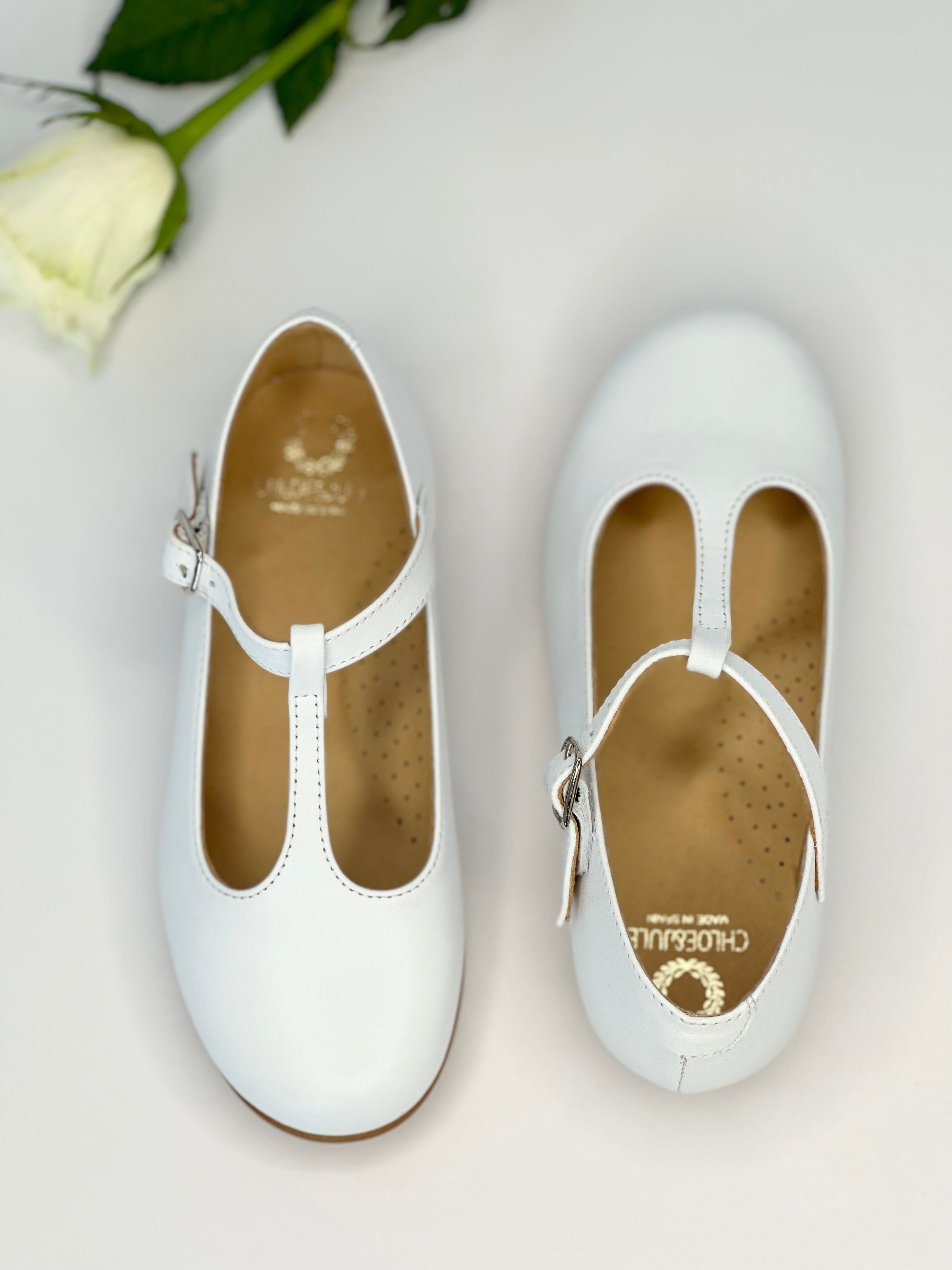 White Leather T-Bar Mary Jane Chloe &amp; Jule