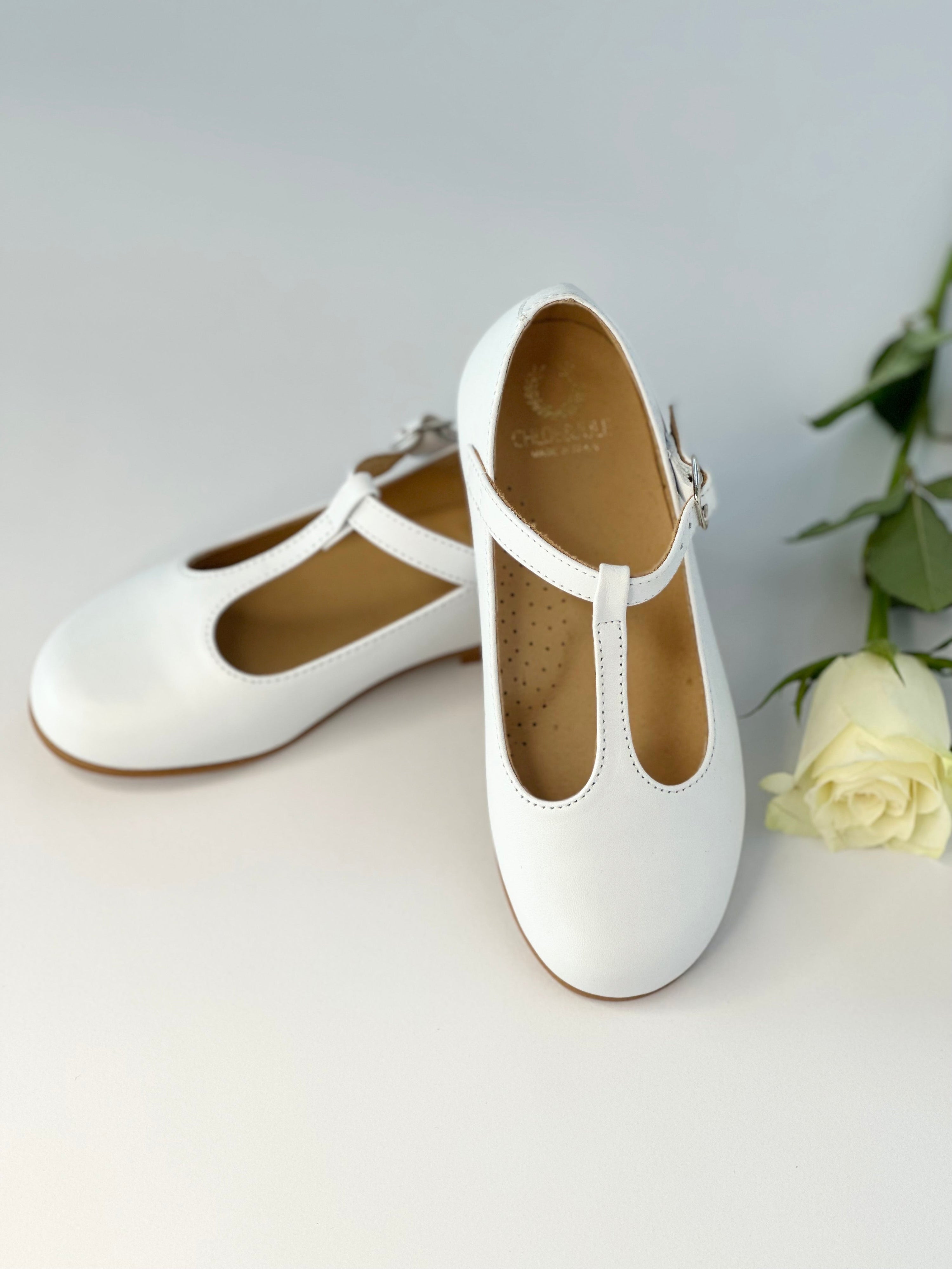 White Leather T-Bar Mary Jane Chloe &amp; Jule
