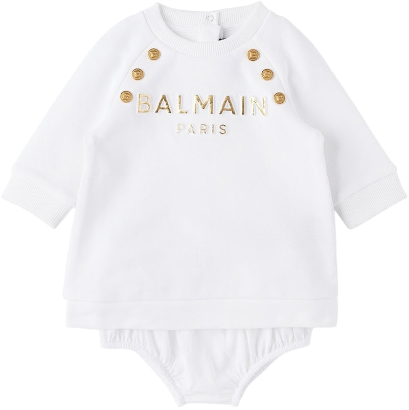 Baby White Embossed Dress &amp; Briefs Set Balmain
