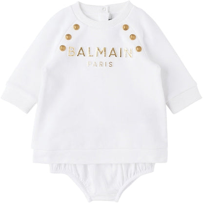 Baby White Embossed Dress &amp; Briefs Set Balmain