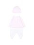 White hoodie with pink accents on a light gray background