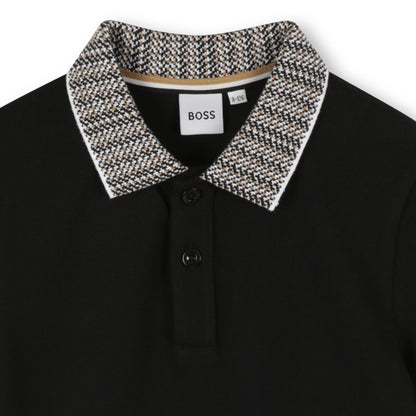 Cotton Piqué Short Sleeve Polo with Jacquard Collar and Logo Badge Hugo Boss