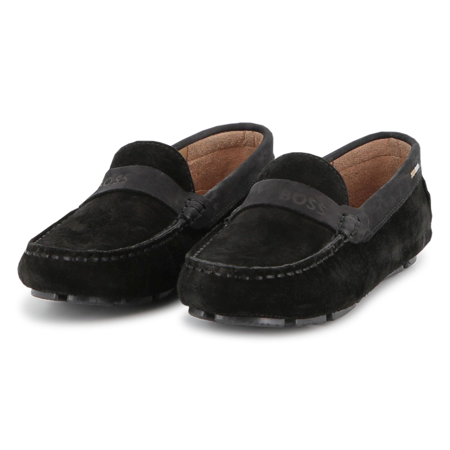 Suede Leather Loafers with Embossed Logo and Tricolour Stripe Embroidery Hugo Boss