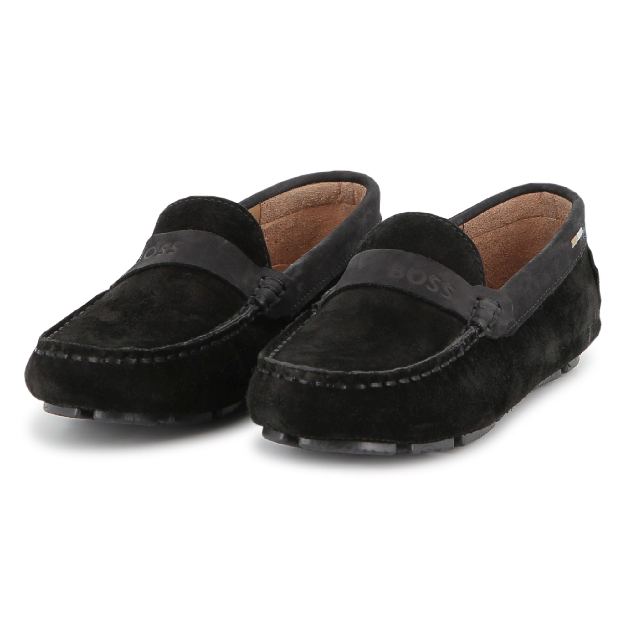 Suede Leather Loafers with Embossed Logo and Tricolour Stripe Embroidery Hugo Boss