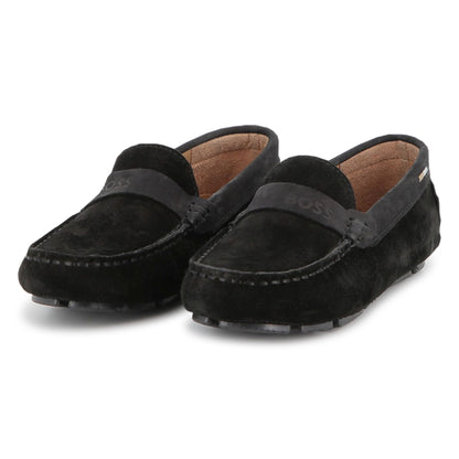 Suede Leather Loafers with Embossed Logo and Tricolour Stripe Embroidery Hugo Boss