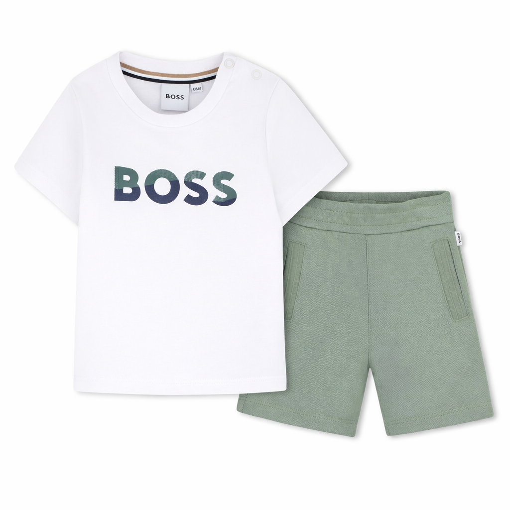Cotton Tee &amp; Bermuda Shorts Set with Logo Print Hugo Boss