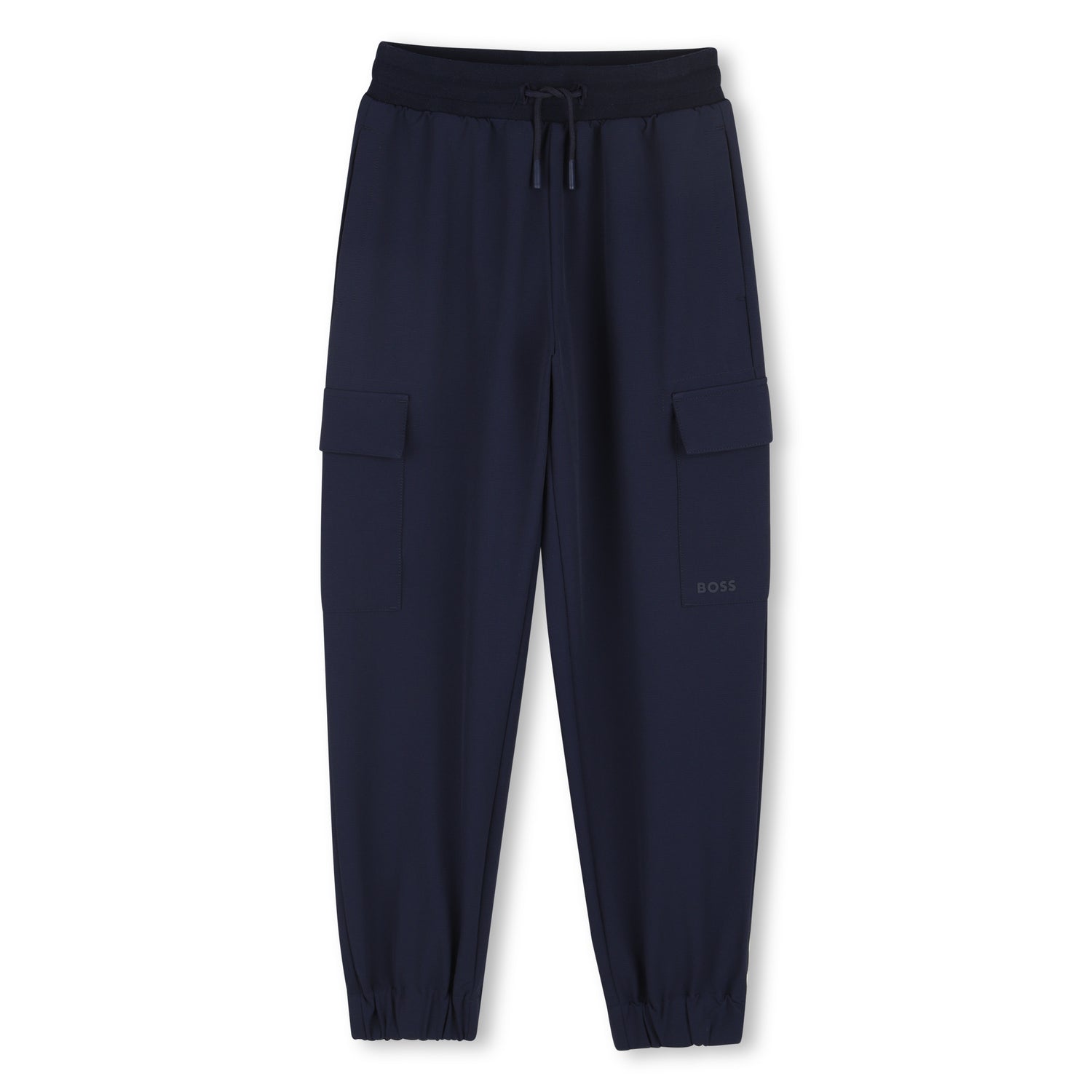 Navy cargo pants on a white background