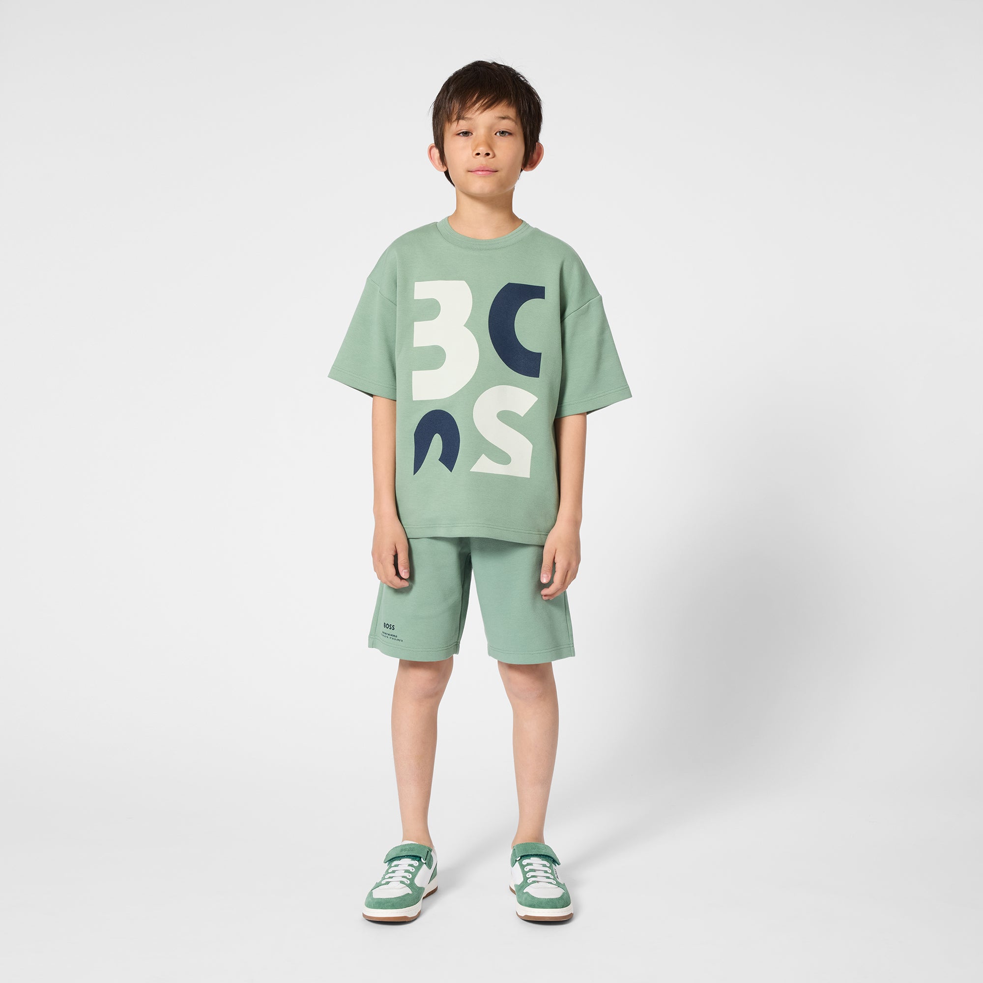 Boys Piqué Logo Jogging Shorts in Sage Green Hugo Boss