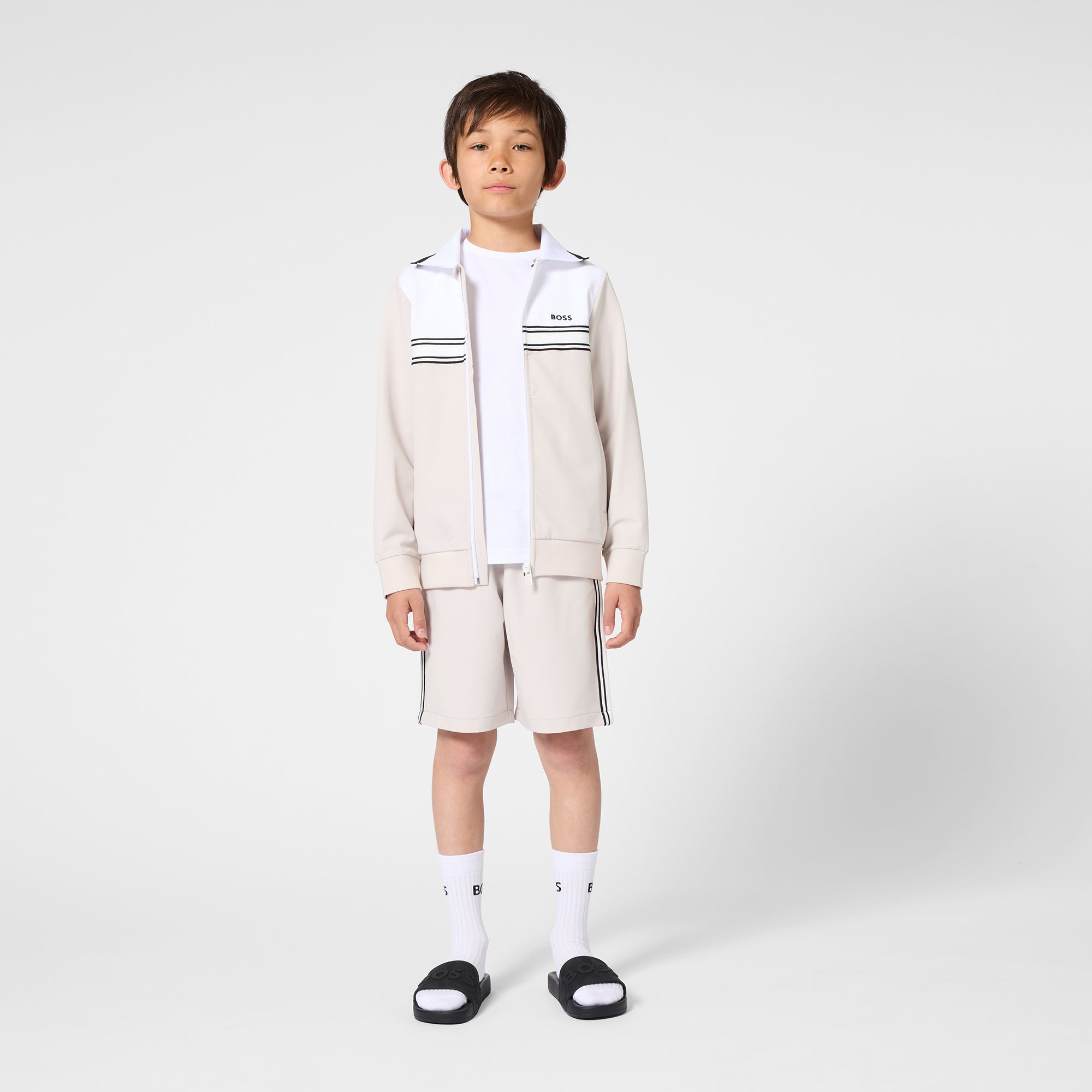 Boys Stretchy Polo Cardigan in Ivory Hugo Boss