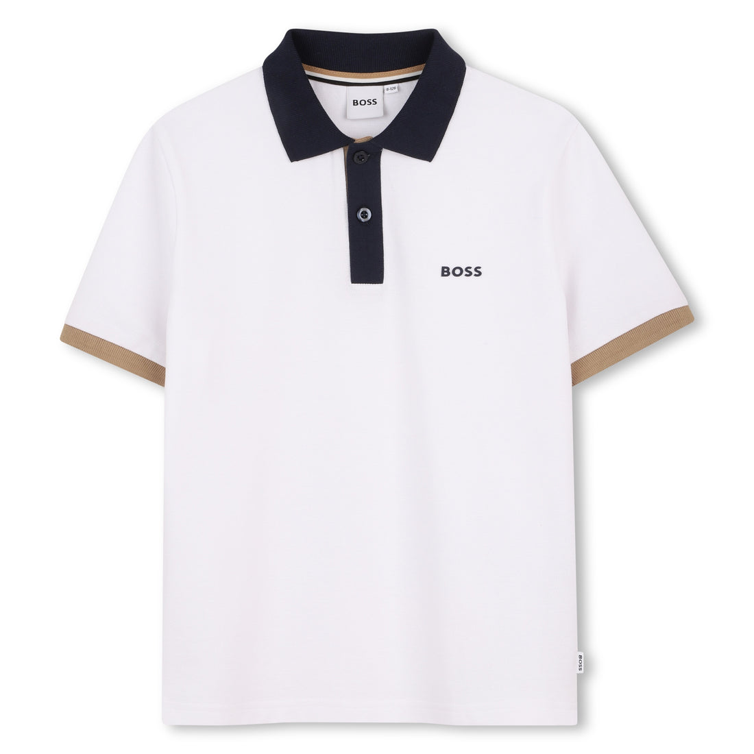 White polo shirt with navy collar and brown accents on a white background