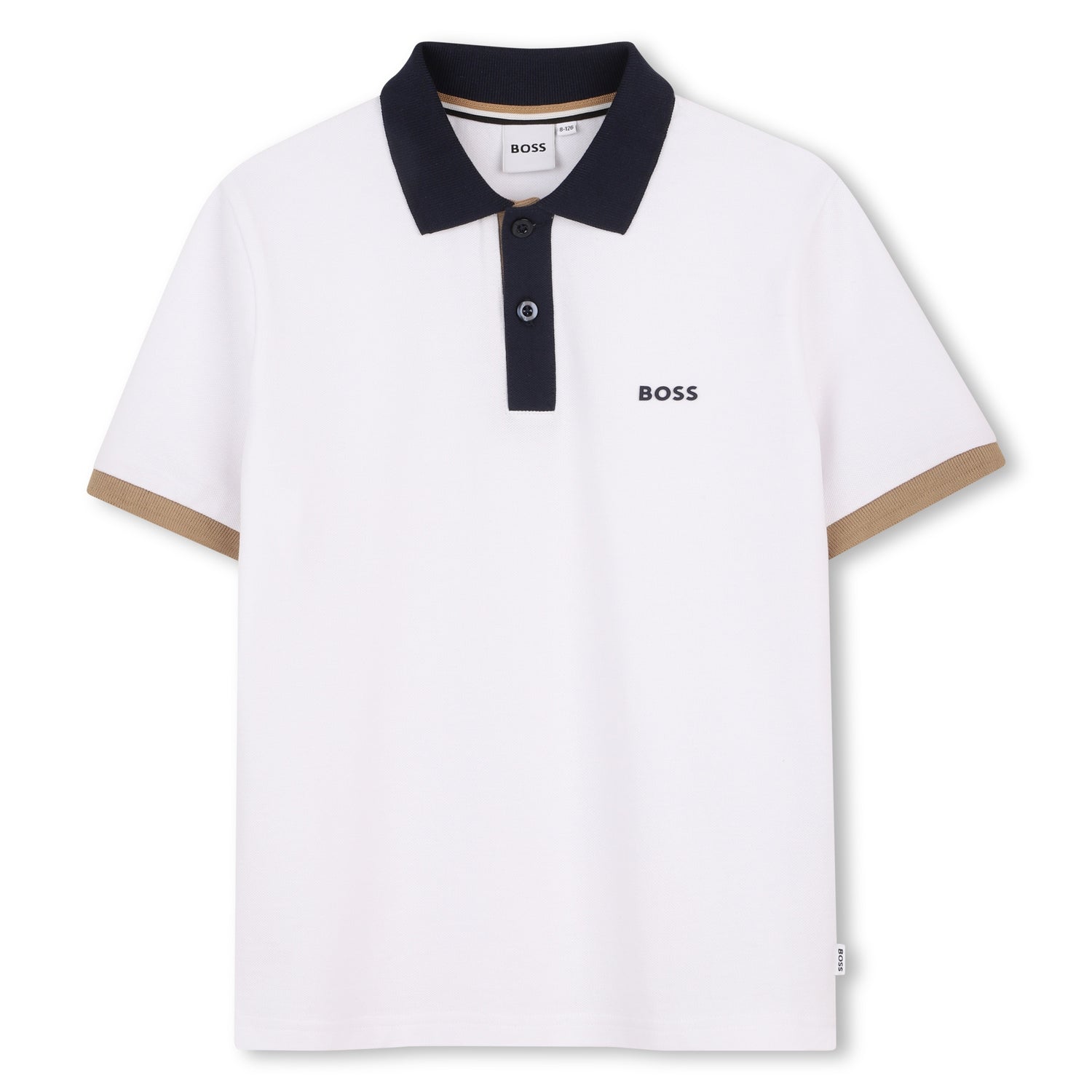 White polo shirt with navy collar and brown accents on a white background