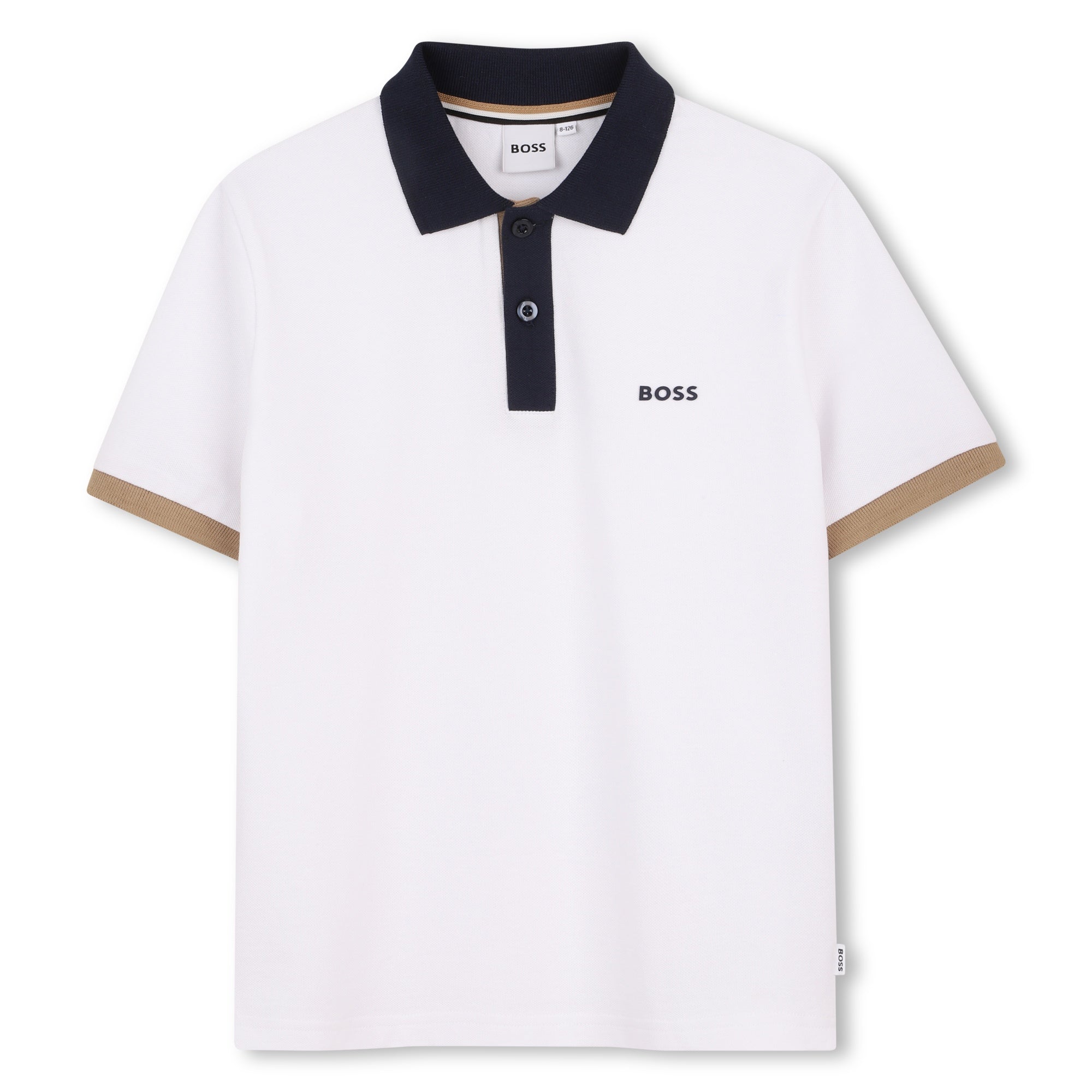 White polo shirt with navy collar and brown accents on a white background