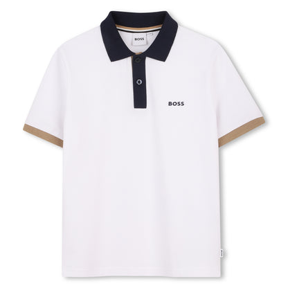 White polo shirt with navy collar and brown accents on a white background