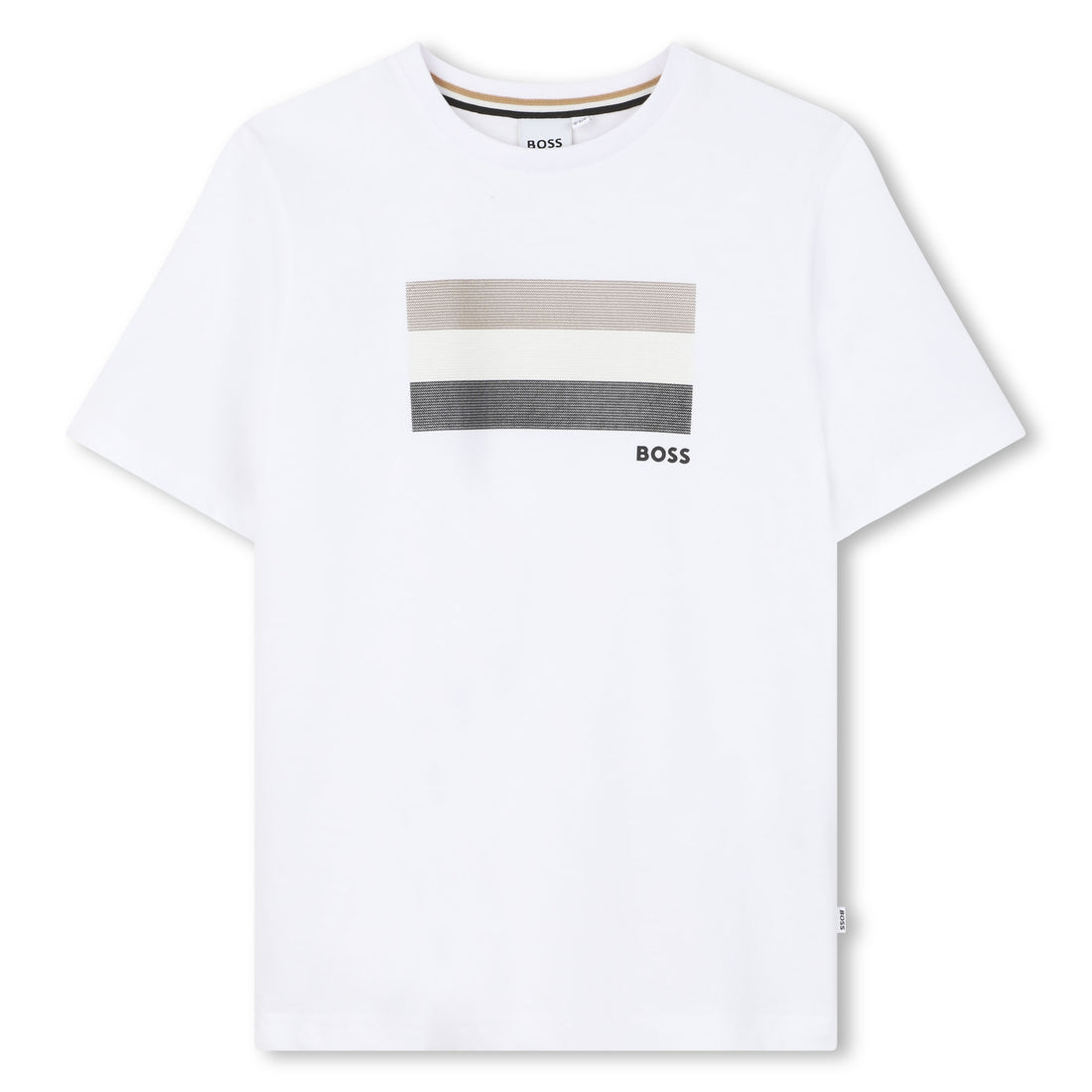 White t-shirt with horizontal color blocks and &