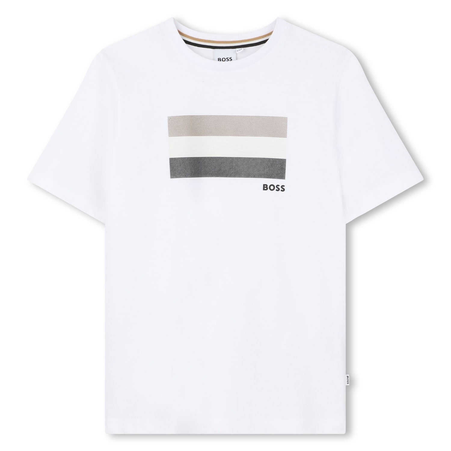 White t-shirt with horizontal color blocks and &