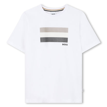 White t-shirt with horizontal color blocks and &