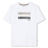White t-shirt with horizontal color blocks and &