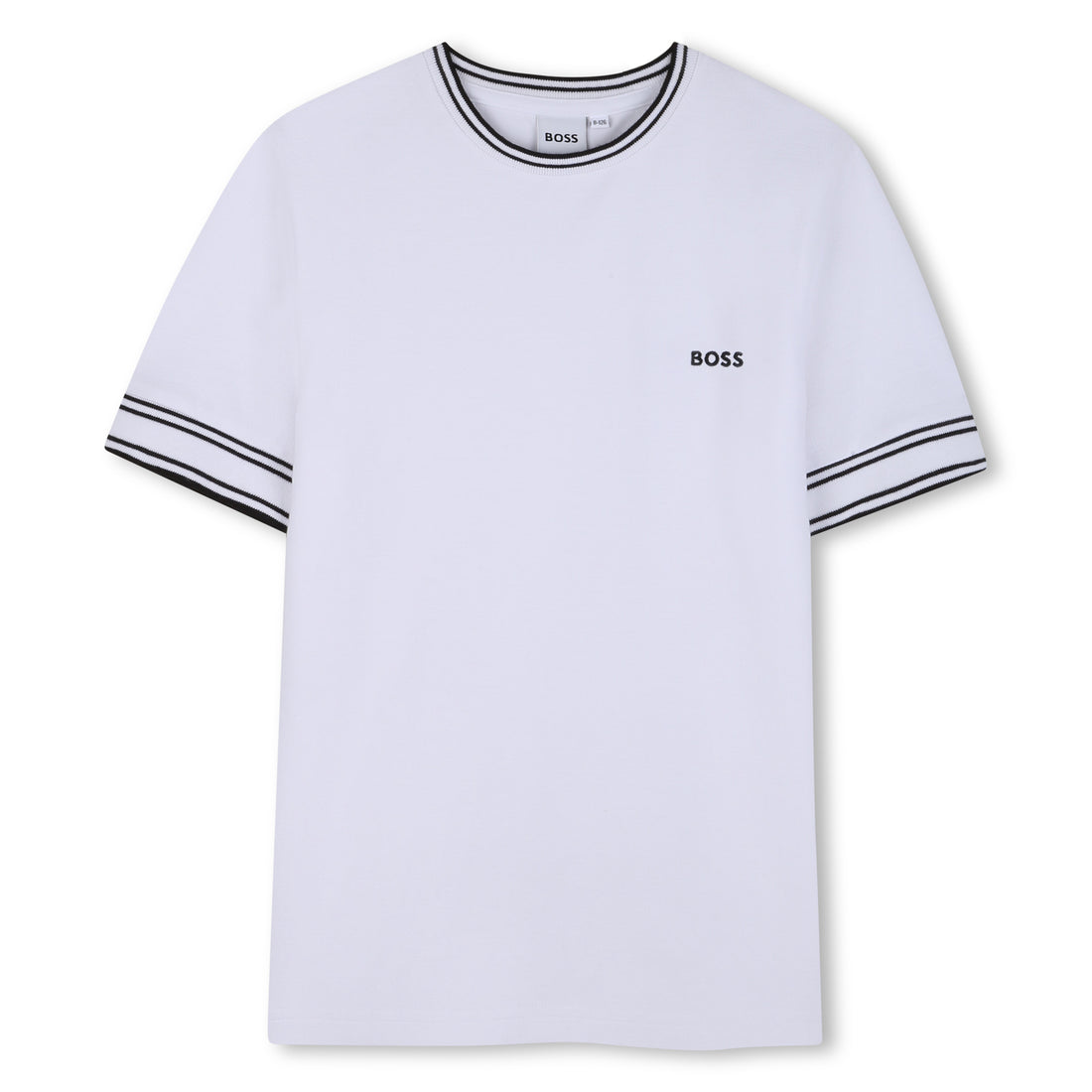 White t-shirt with black trim and &