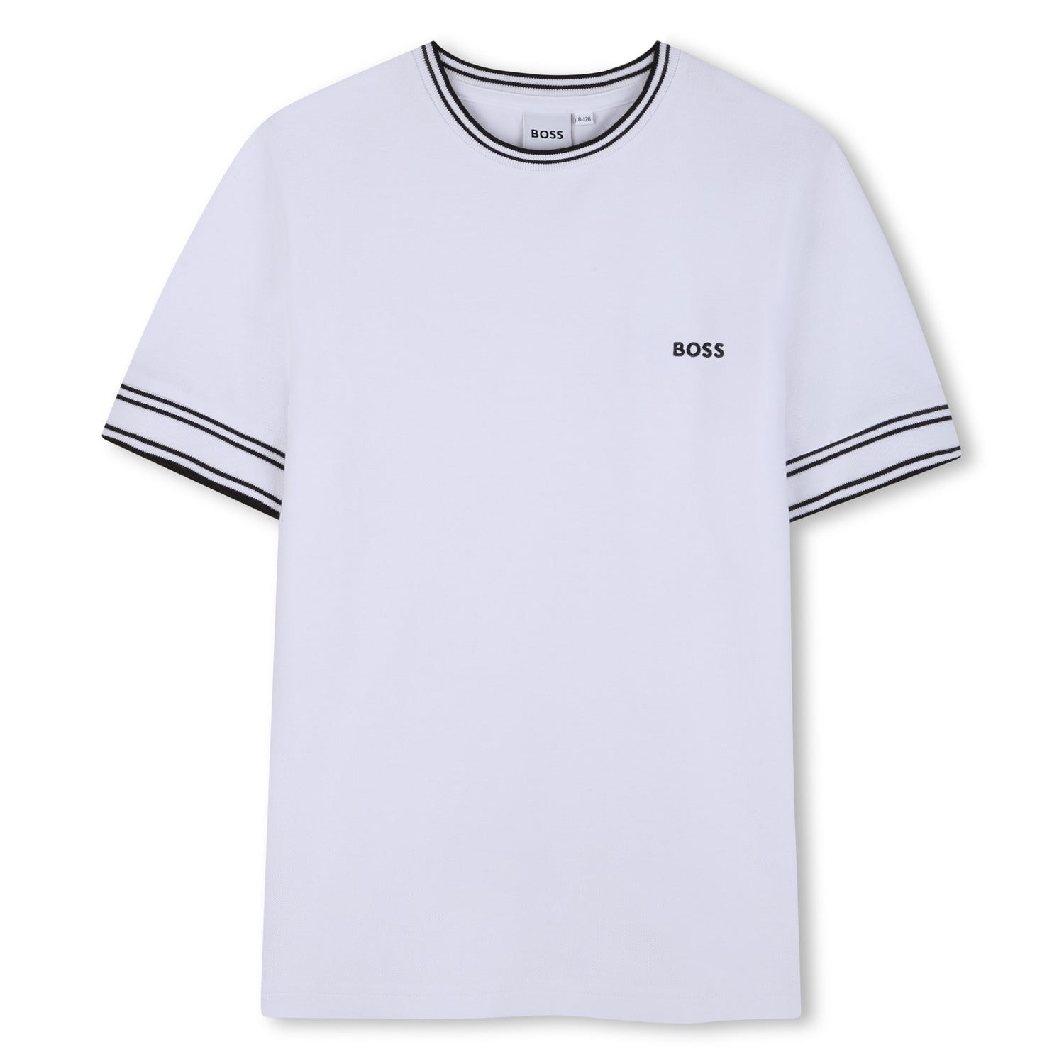 White t-shirt with black trim and &