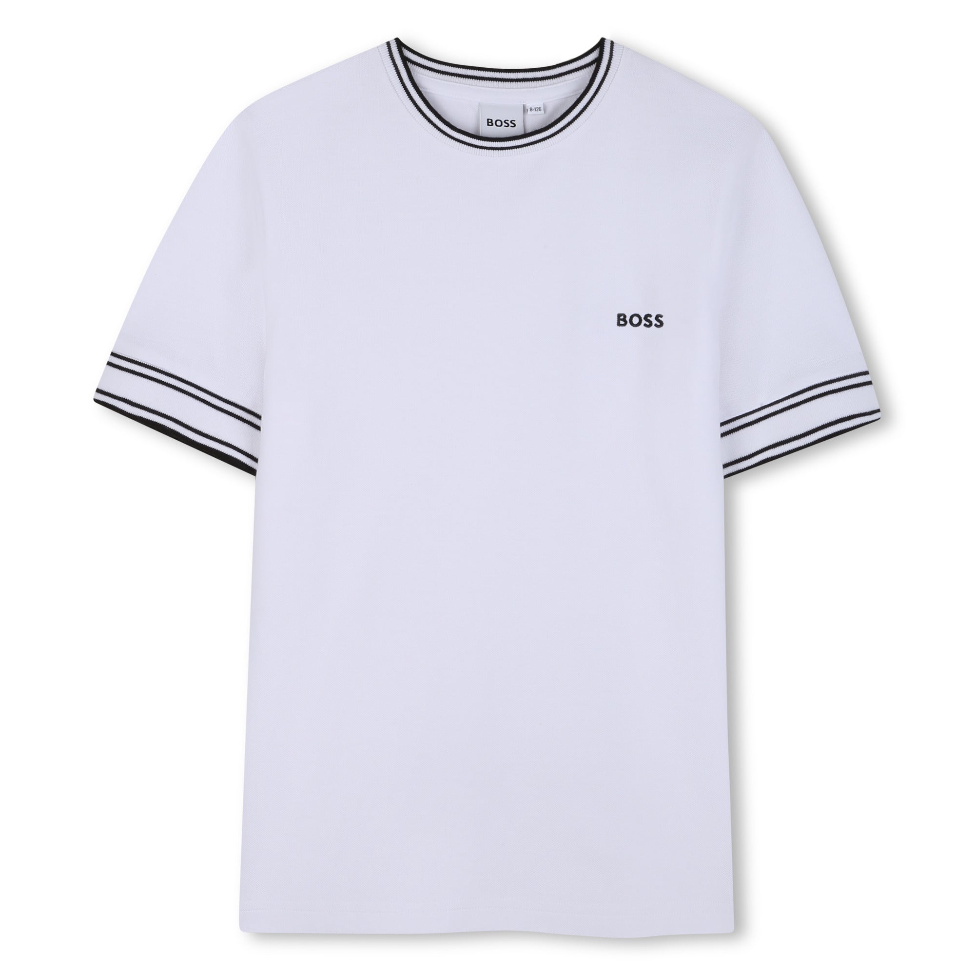 White t-shirt with black trim and &
