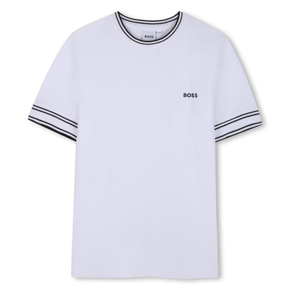 White t-shirt with black trim and &