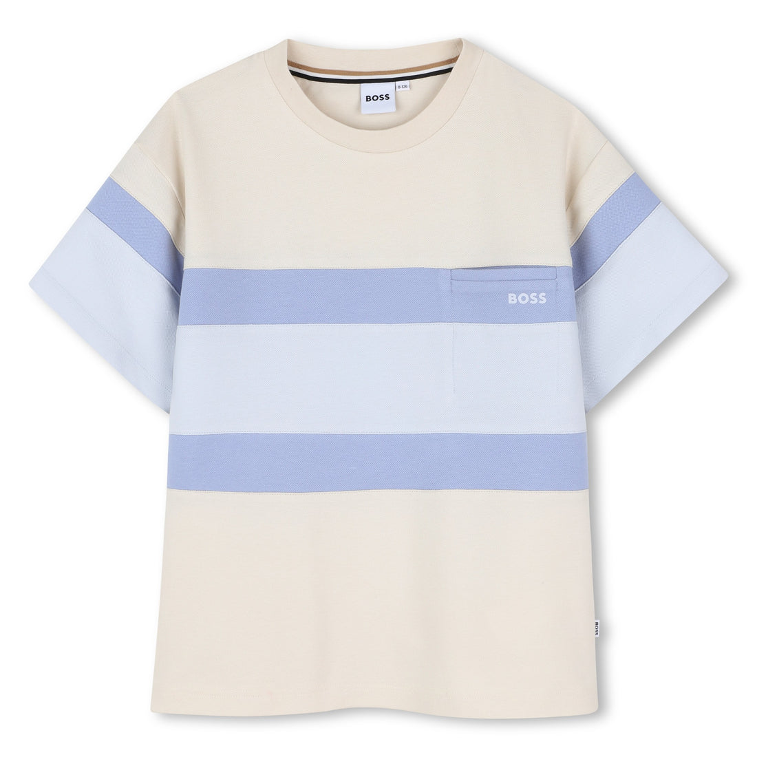 Beige t-shirt with blue horizontal stripes on a white background