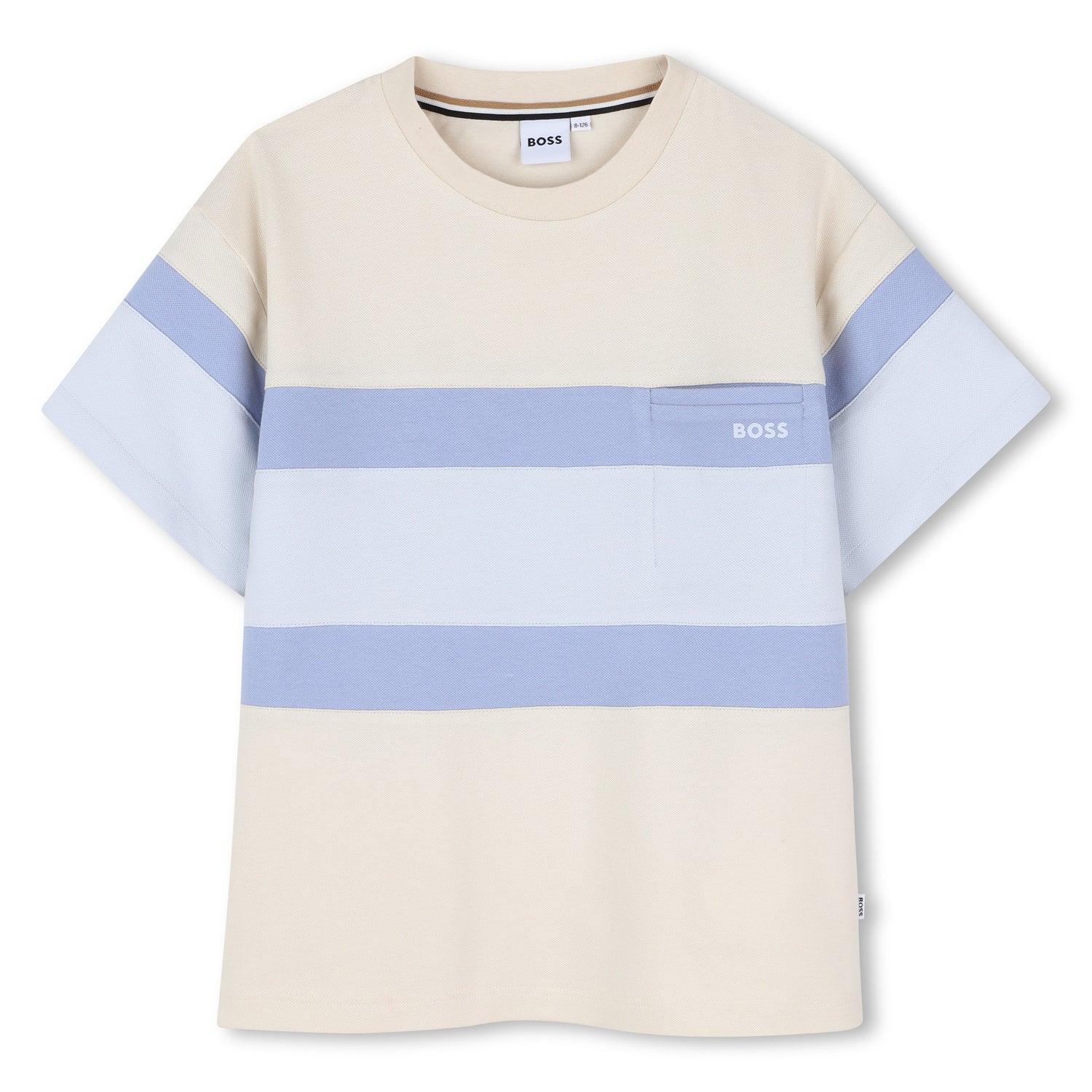 Beige t-shirt with blue horizontal stripes on a white background