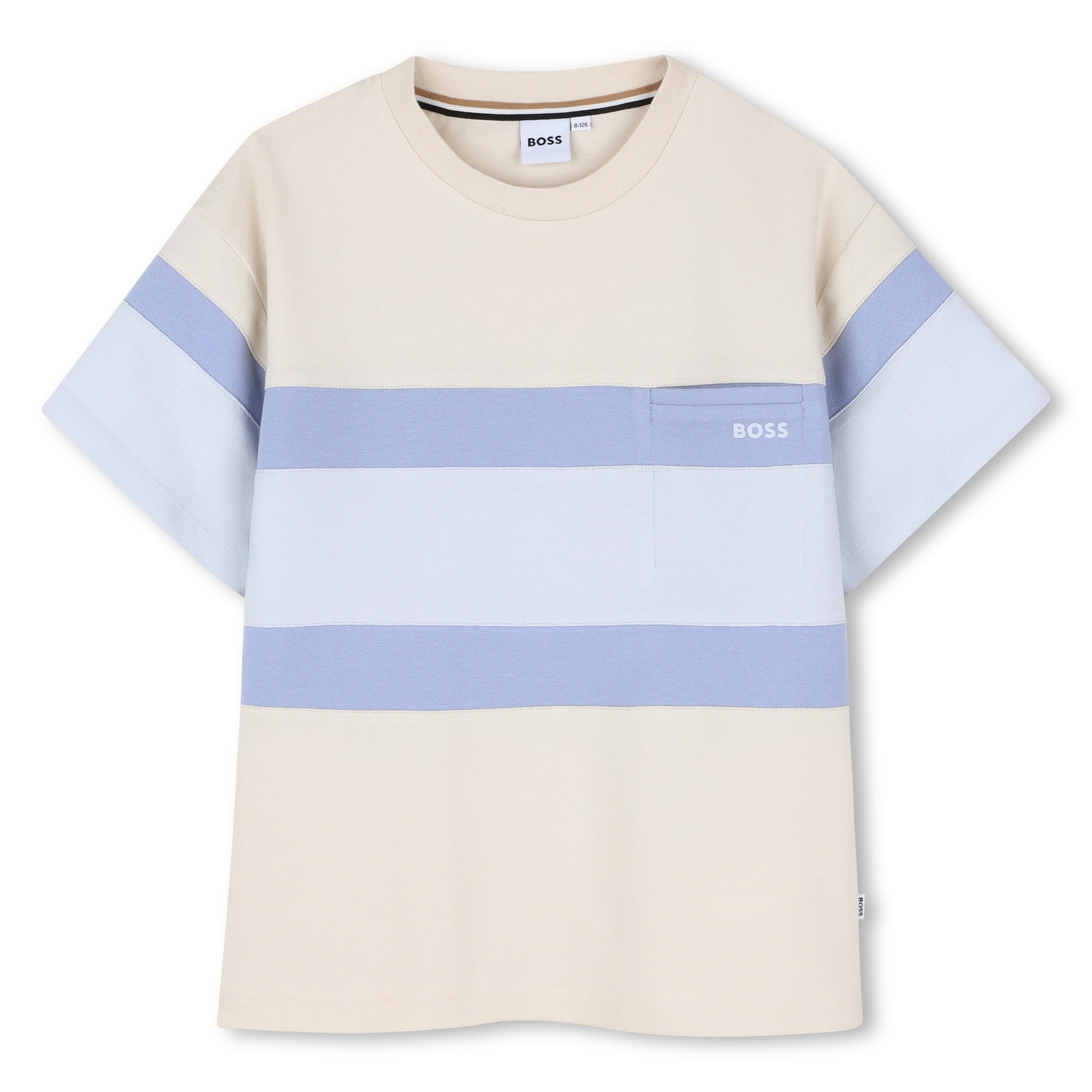 Beige t-shirt with blue horizontal stripes on a white background