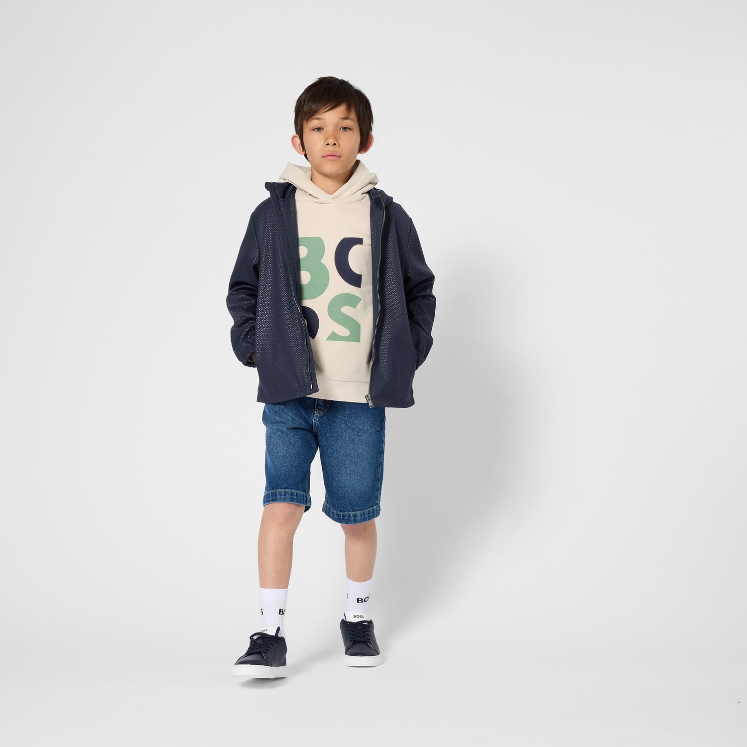 Boys Double-B Embossed Hooded Windbreaker in Navy Hugo Boss