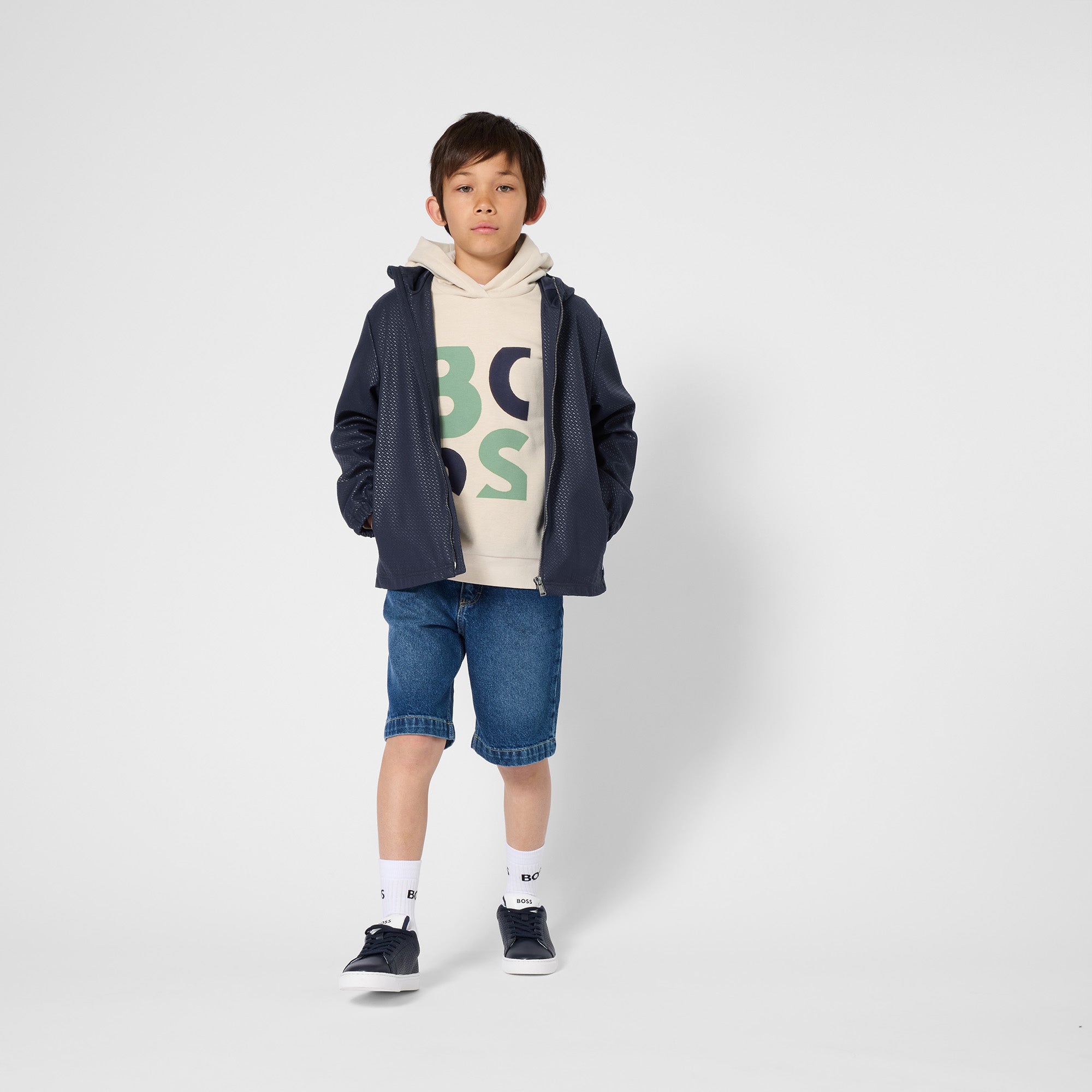 Boys Double-B Embossed Hooded Windbreaker in Navy Hugo Boss