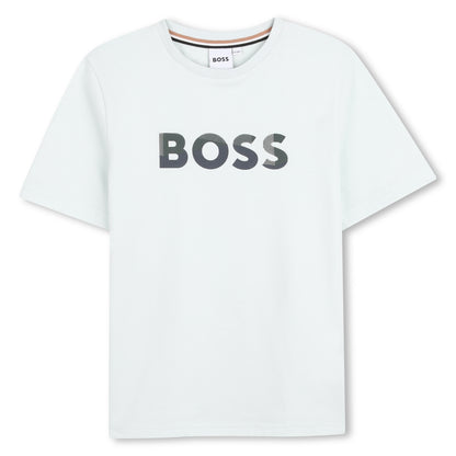 Boys Logo T-Shirt and Piqué Shorts Set in Mint and Navy Hugo Boss