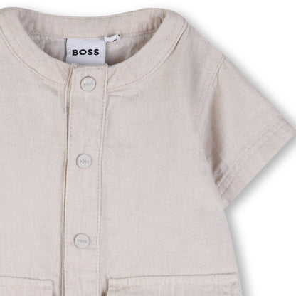 Linen Blend Short Sleeve Jumpsuit with Patch Pockets Hugo Boss